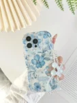 Cream Patterned Wavy Edged Glossy Floral Painted Anti-Drop Phone Case With Handmade Beaded Flower Bracelet Accessories, Compatible With IPhone 16/11/16pro/16plus/16promax/16e/15Promax/13/14/12/XS/XR/7G/8P, Galaxy 11/12Pro/12/12X/13Pro/14Pro/15Pro/, Redmi