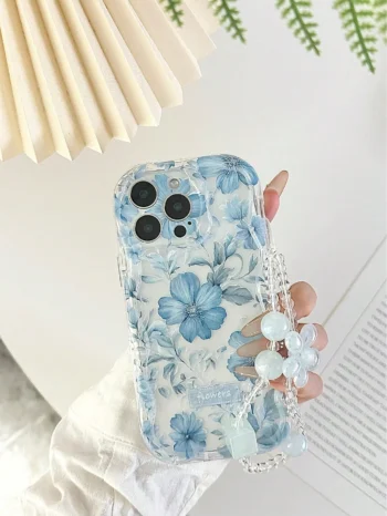 Cream Patterned Wavy Edged Glossy Floral Painted Anti-Drop Phone Case With Handmade Beaded Flower Bracelet Accessories, Compatible With IPhone 16/11/16pro/16plus/16promax/16e/15Promax/13/14/12/XS/XR/7G/8P, Galaxy 11/12Pro/12/12X/13Pro/14Pro/15Pro/, Redmi