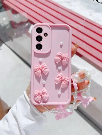 1pc Pink Bow Pearl Decor Anti-Drop Mobile Phone Case, Compatible With IPhone/ Galaxy Waterproof Shockproof Scratch Resistant