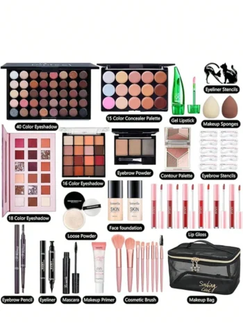 All In One Makeup Kit For Women Full Kit, Make Up Gift Set For Women, Makeup Essential Bundle Includes Foundation Face Primer Eyeshadow Contour Palette Lipstick Eyeliner Mascara Cosmetic Brush Set