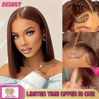 13*4 Brazilian Virgin Straight Lace Frontal Wigs Glueless Blended Hair Wigs – 200% Density #4 Chocolate Brown Color Bob Wigs 8-14inch Suitable For All People – HD Transparent Pre Cutting Human Blended Hair Lace Front Wigs – Real Hair Pre Pulling Pre Ironi