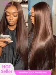 Bone Straight Human Hair Lace Front Glueless Wig On , 180% Density Chocolate Brown 4# Colored 13×4 13×6 4*4 5*5 HD Transparent Brazilian Virgin Human Hair Mixed Wig, Pre Plucked With Baby Hair Bye Bye Knots, High Temperature Resistant Fiber Synthetic Blen