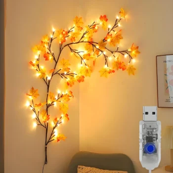1pc LED Bendable Light-Up Maple Leaf Garland, USB Powered, 8 Lighting Modes, Indoor Decor Red Maple Leaf Atmosphere Vine Light, Suitable for Bedroom, Living Room, Party, Christmas, Thanksgiving, Halloween Decoration Halloween Decorations, Chrismas Decorat