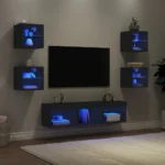 7pcs TV Wall Unit Set with LED Processed Wood Black